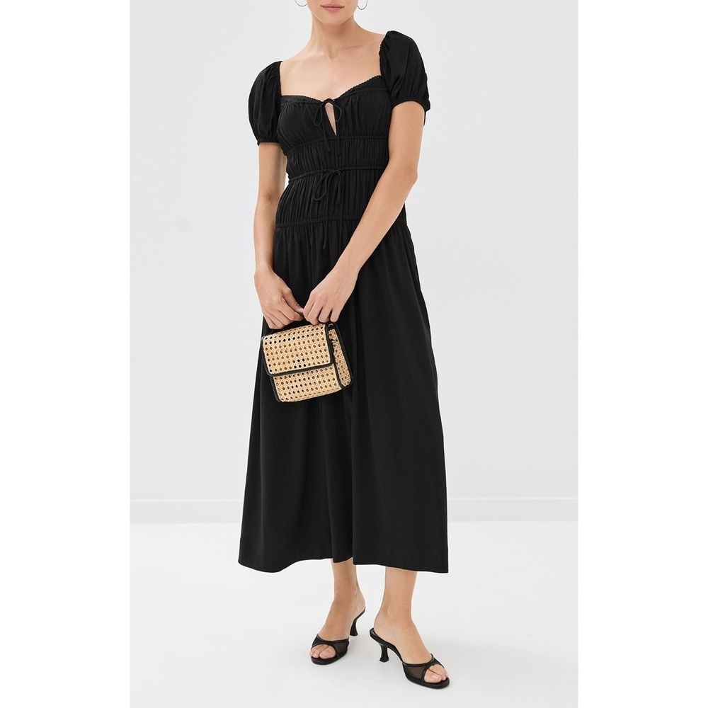Reformation Rhett Dress Size‎ 0 Black Drop Waist Midi Puff Sleeve Cotton